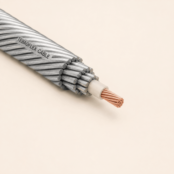 7.31 mm Mono Conductor Wireline Cable 7.31 mm Mono Conductor Wireline Cable showing its central copper conductor, insulation, and armored wire construction