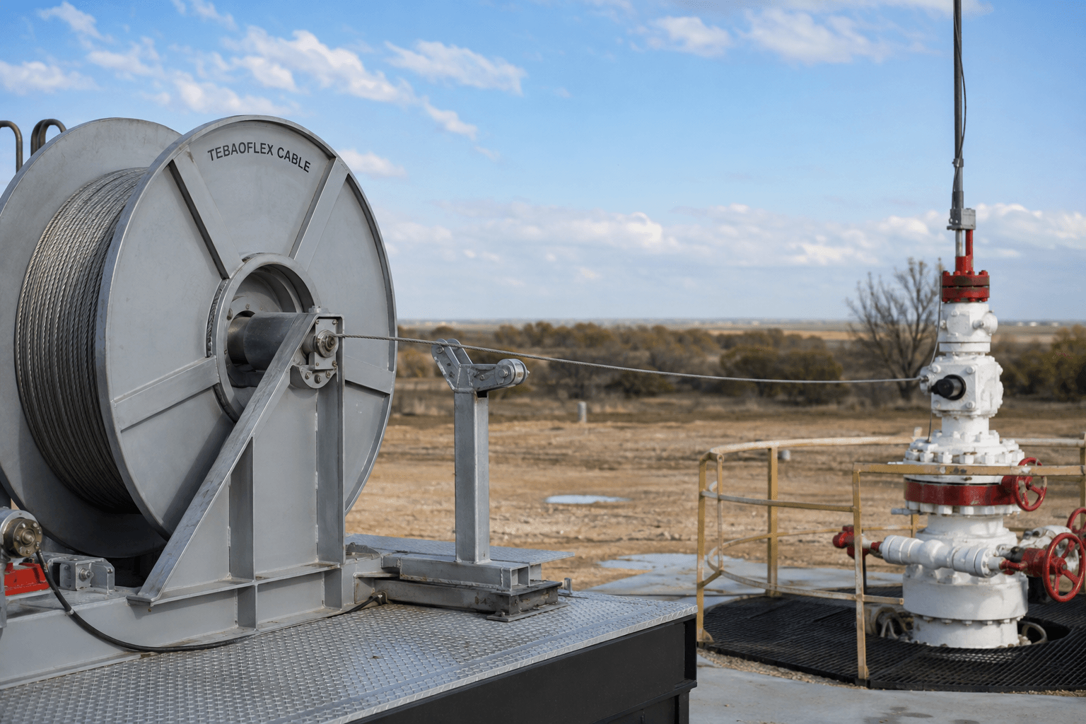 9.65 mm mono conductor wireline cable deployed from a logging winch to an oil and gas wellhead