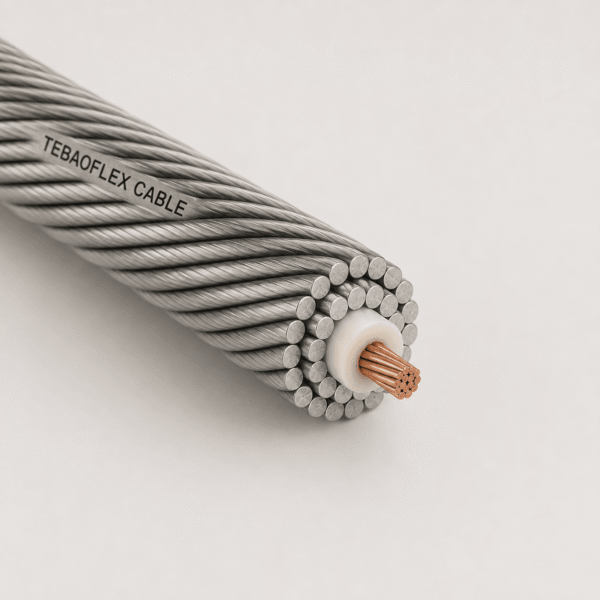 9.65 mm Mono Conductor Wireline Cable 9.65 mm mono conductor wireline cable with 15 AWG copper core, insulation, and 12 inner plus 18 outer galvanized steel armor wires