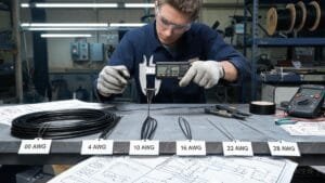 Industrial electrical engineer working with various AWG cable sizes on workbench with caliper measuring wire diameter