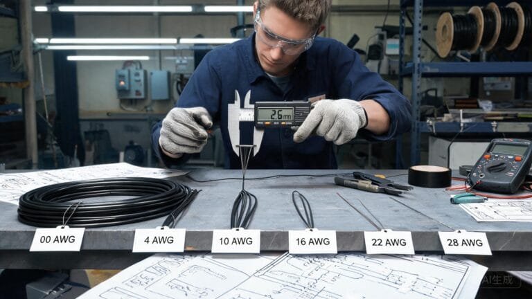 Industrial electrical engineer working with various AWG cable sizes on workbench with caliper measuring wire diameter