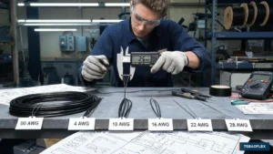 Electrical engineer comparing AWG cable sizes with a digital caliper