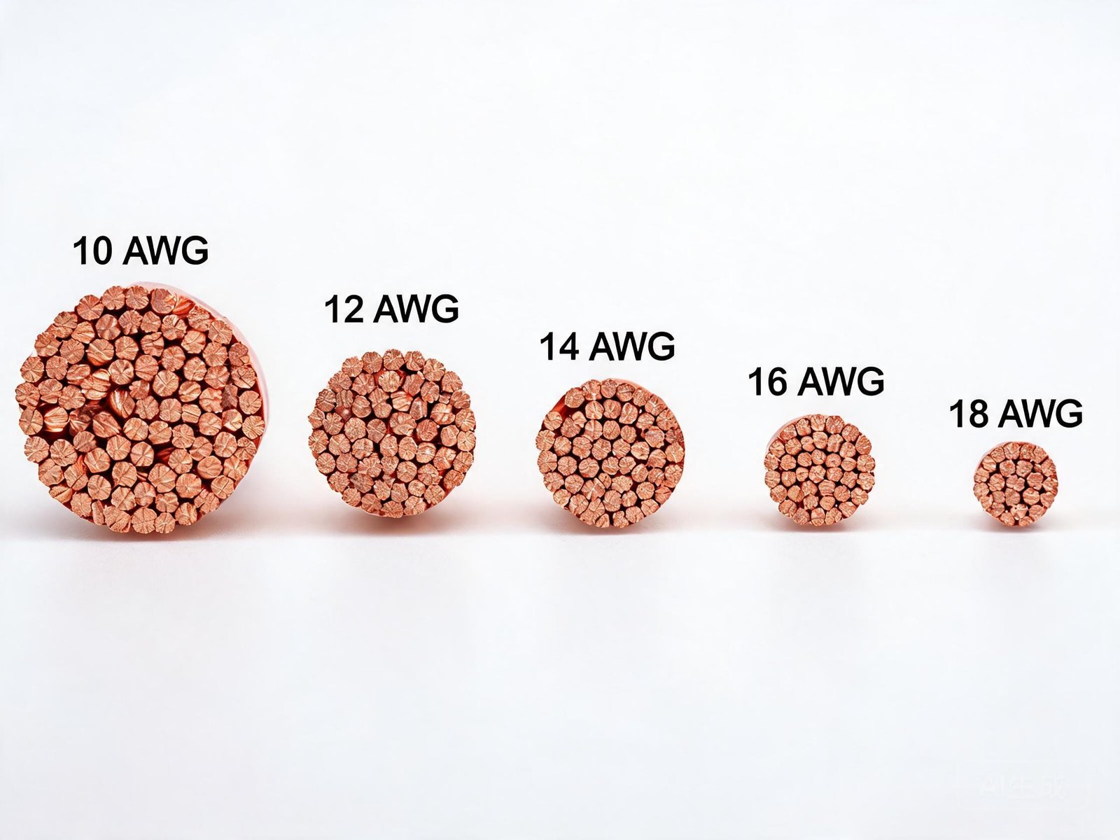 Stranded copper conductor cross-sections in different AWG sizes showing wire stranding patterns