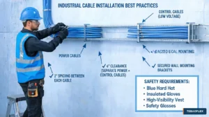 Industrial electrician installing power and control cables on wall-mounted supports