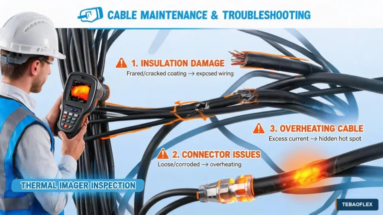Technician inspecting industrial cable damage with a thermal imaging camera