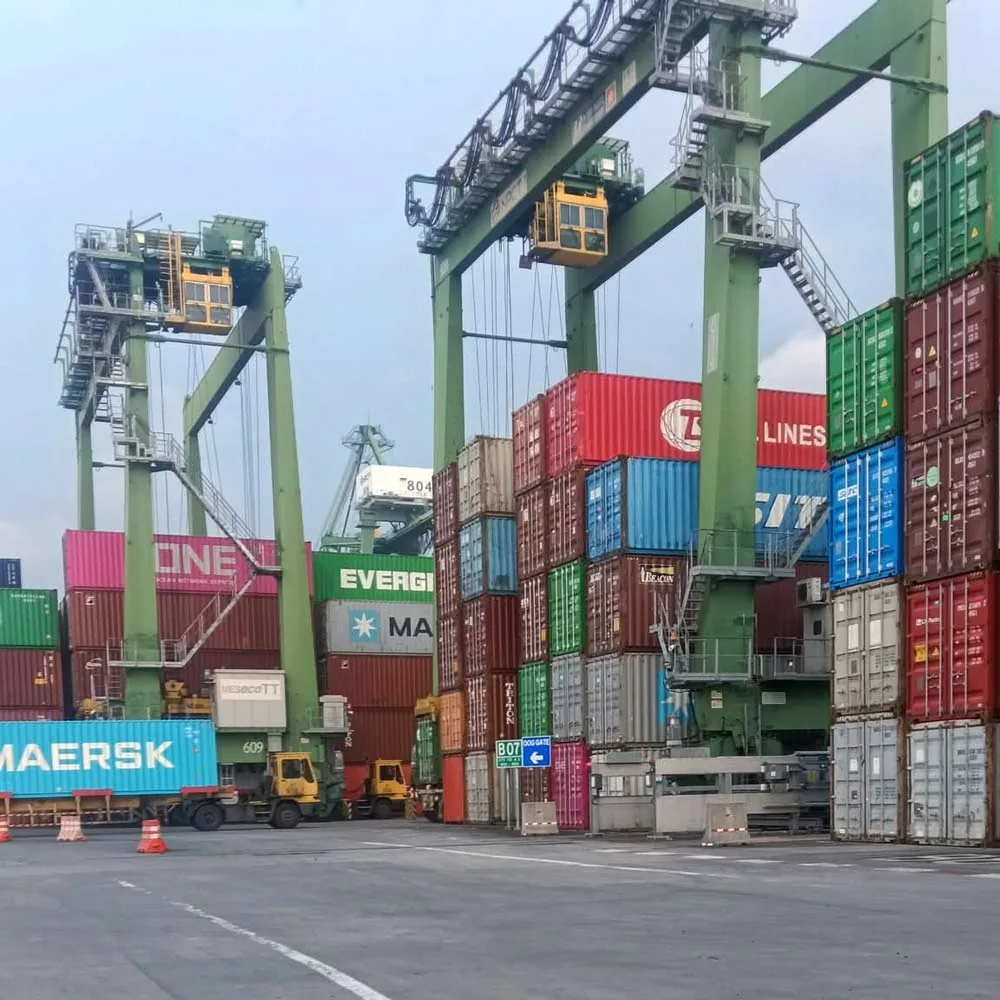 Rail-mounted gantry cranes working between container stacks