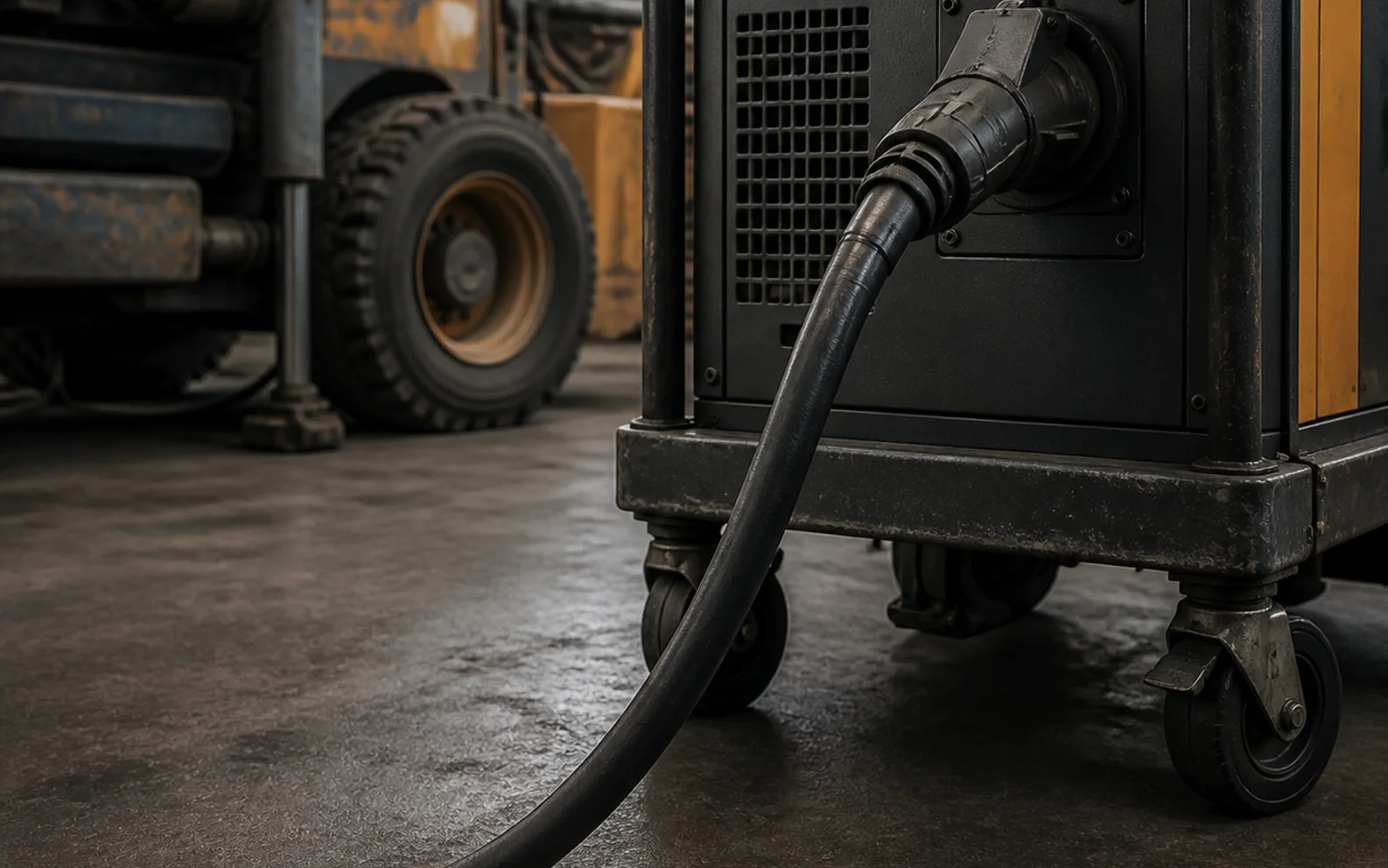 Heavy-duty flexible power cable supplying mobile industrial equipment in a factory