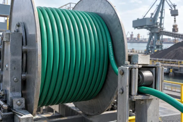 TEBAOFLEX TBPUR-RF 0.6/1kV green PUR reeling cable installed on a single-layer monospiral crane reel