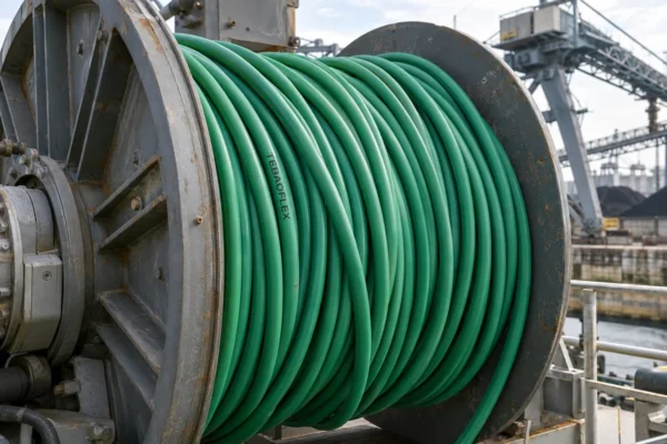 TEBAOFLEX TBPUR-RF 0.6/1kV green heavy-duty PUR reeling cable operating on an industrial random-winding drum reel