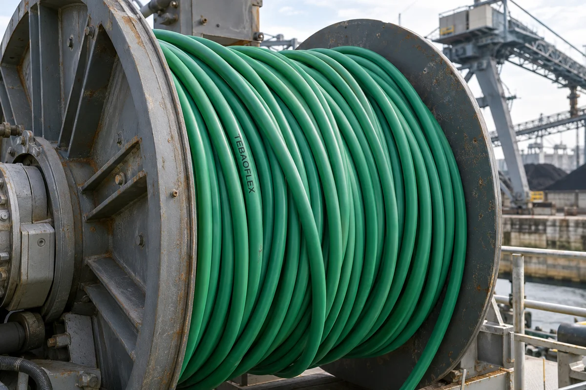 TEBAOFLEX TBPUR-RF 0.6/1kV green heavy-duty PUR reeling cable operating on an industrial random-winding drum reel