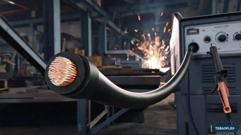 Heavy-duty welding cable with flexible copper conductor beside industrial welding equipment