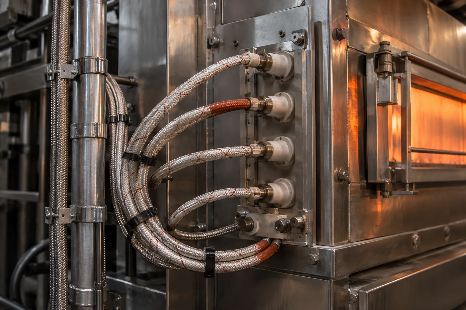 Heat-resistant braided cables installed on industrial furnace equipment