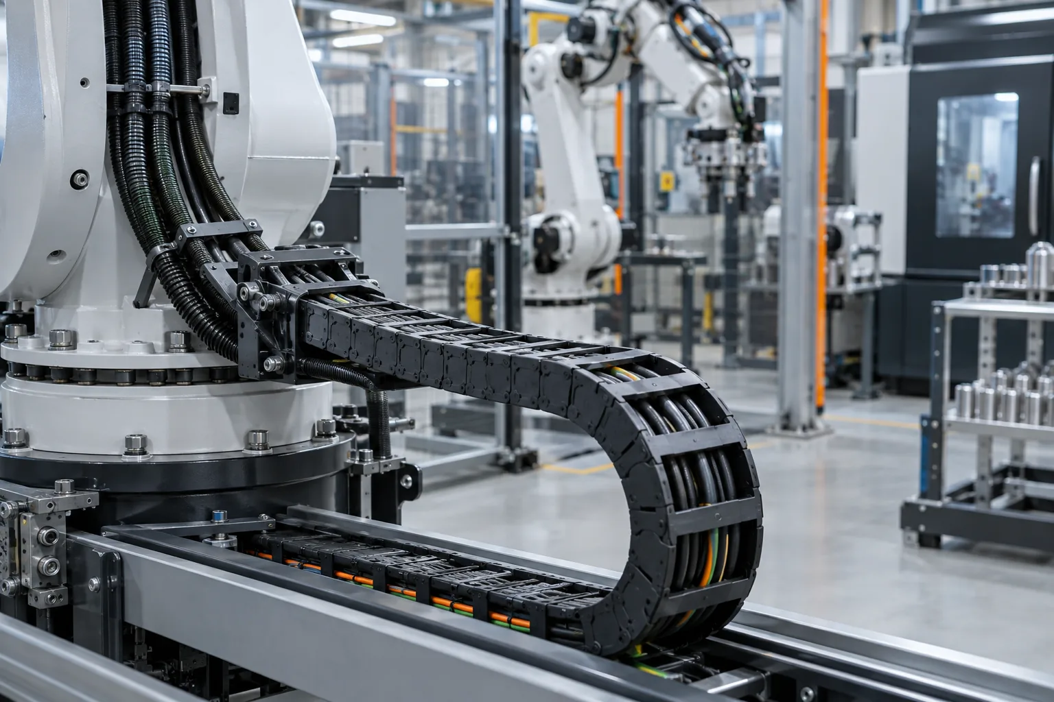Flexible power and control cables routed through an industrial automation drag chain