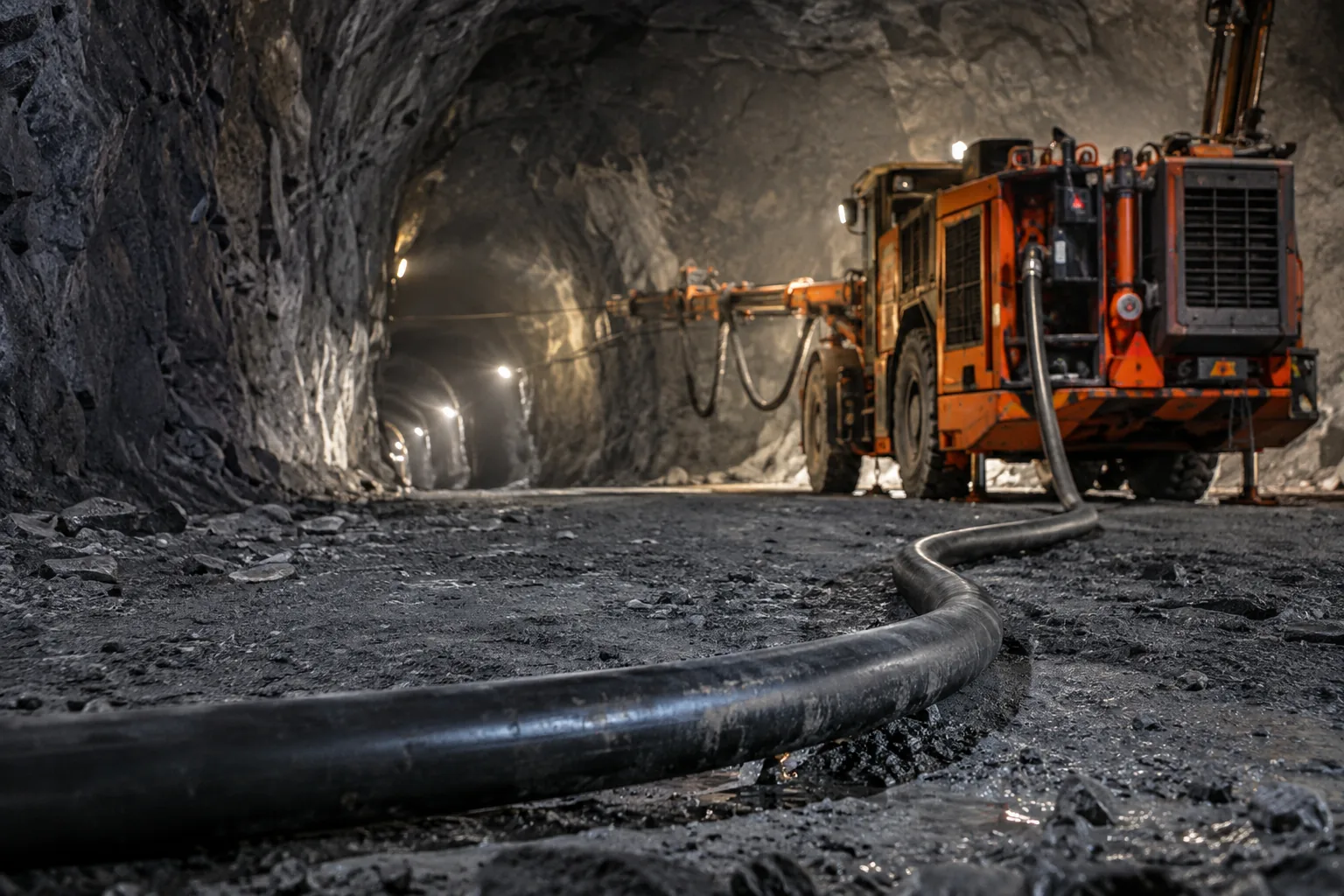 Heavy-duty flexible mining cable connected to underground mobile mining equipment
