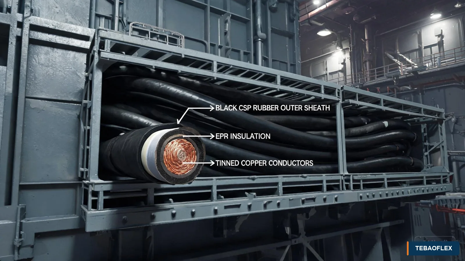 Marine shipboard cable installation with cable construction detail