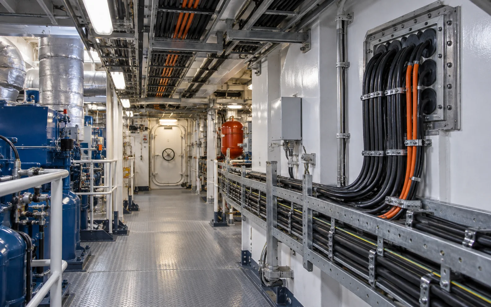 Marine power and control cables routed through an offshore support vessel engine room