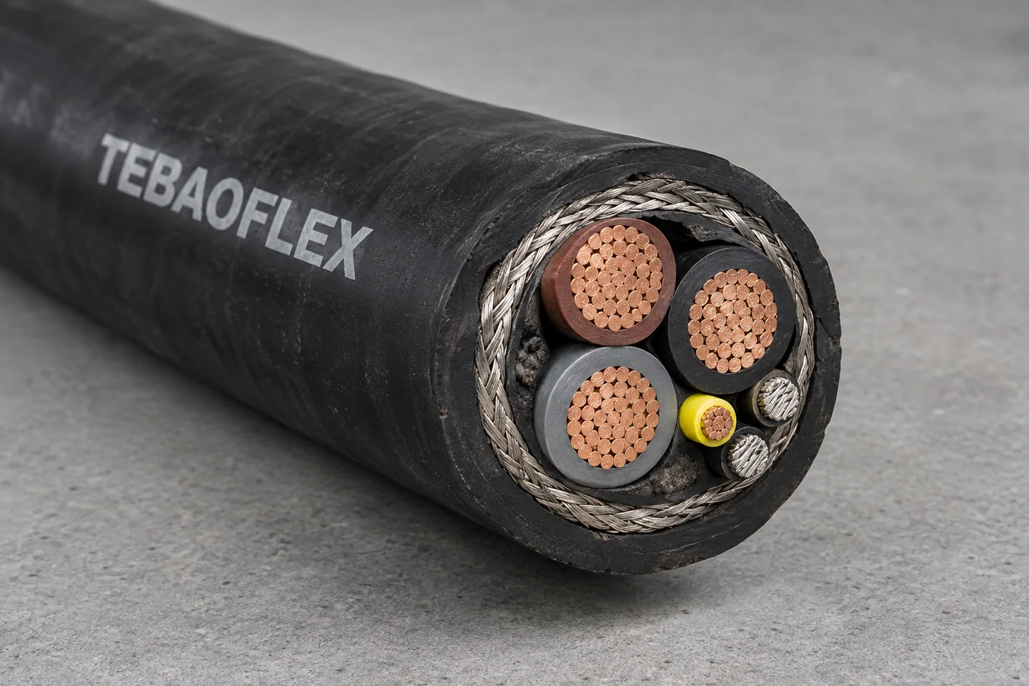 Illustrative shielded mining cable with grounding and yellow ground-check conductor