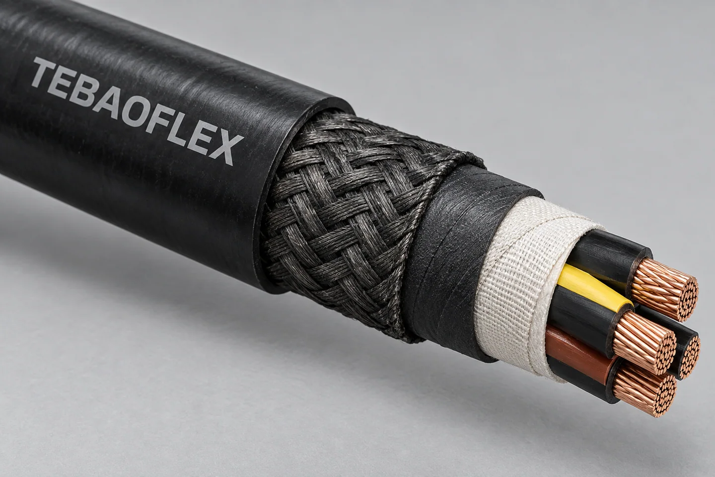 Illustrative heavy-duty cable with woven anti-torsion mechanical reinforcement