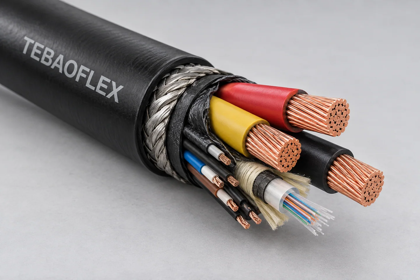 Illustrative composite industrial cable with power, control and fibre-optic elements