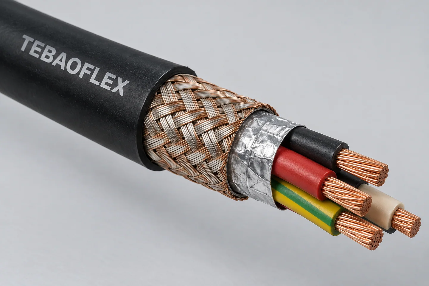 Illustrative flexible cable showing copper braid and EMC shielding layers