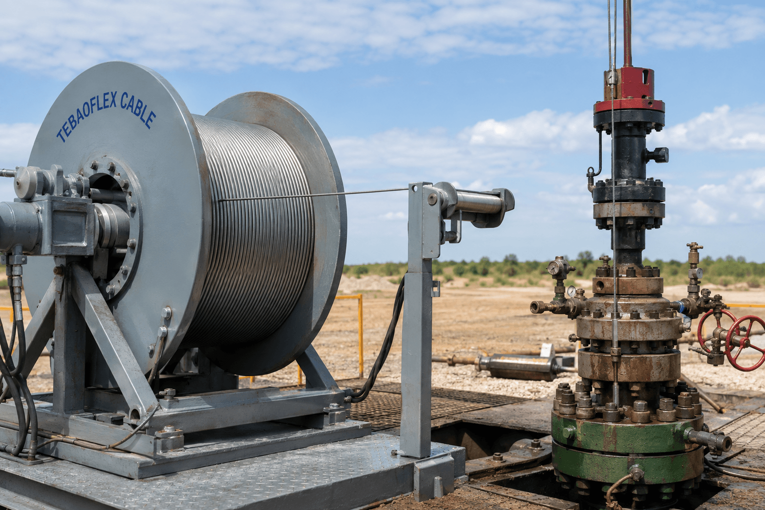 Armored mono conductor wireline cable deployed from a logging winch to an oil and gas wellhead