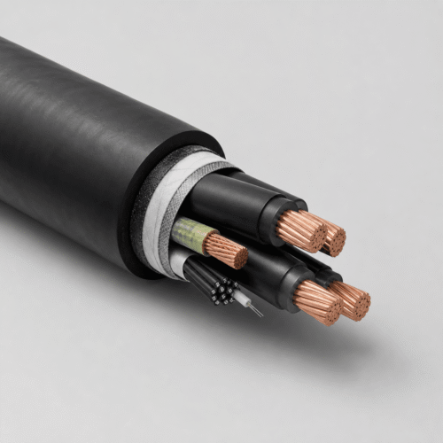 Black (N)TSCGEW11Y 6-10kV shore power reeling cable with phase conductors, pilot cores and fibre optic element