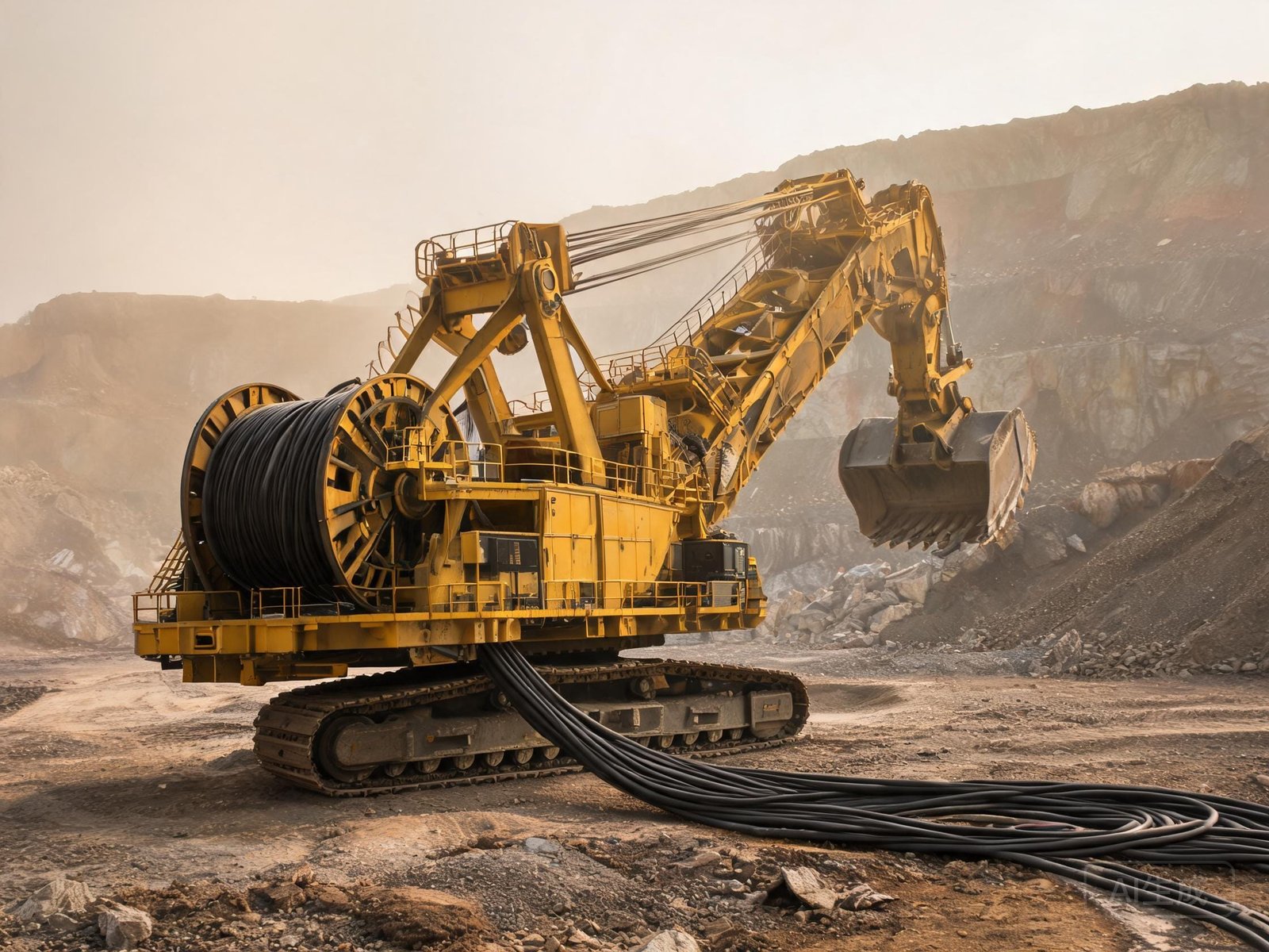Large mining excavator with NTSCGEWOU trailing power cable in open-pit mine showing cable management system