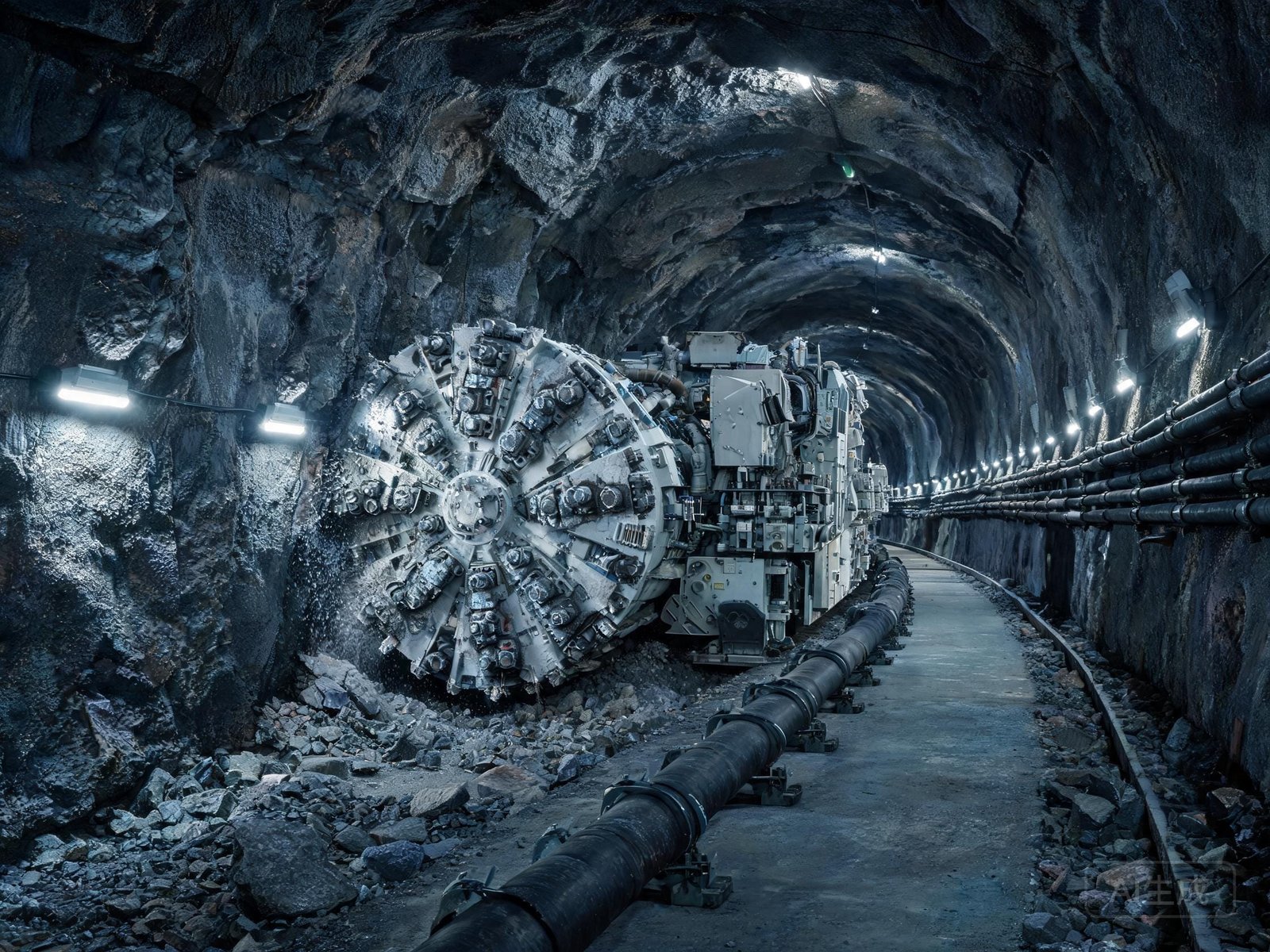 Tunnel boring machine with NTSCGEWOU power cable trailing through underground tunnel