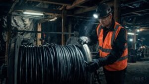 Maintenance technician inspecting NTSCGEWOU mining trailing cable on reeling drum