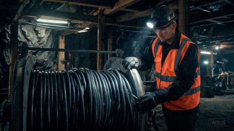 Maintenance technician inspecting NTSCGEWOU mining trailing cable on reeling drum