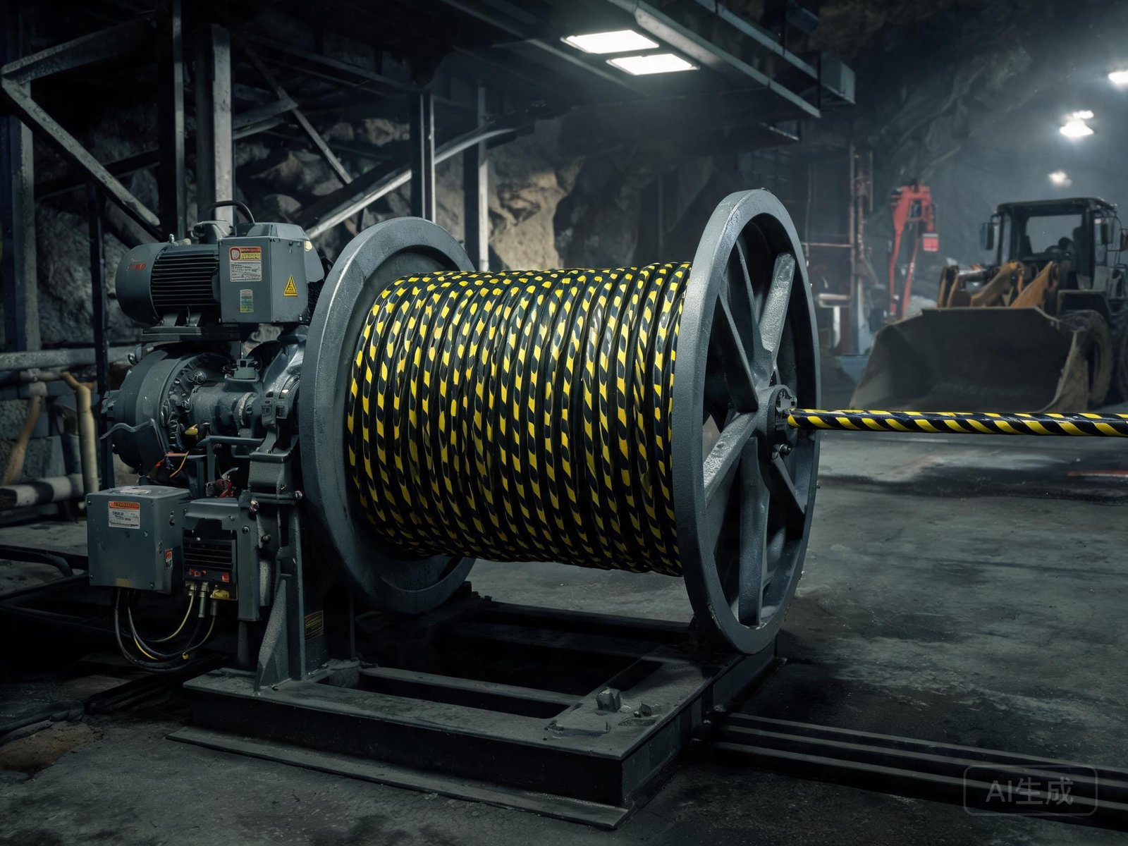 Mining trailing cable on motorized reeling drum showing proper cable spooling and tension management