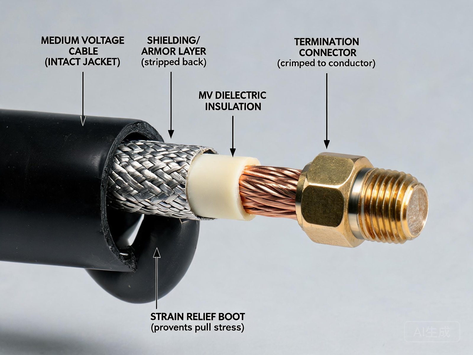Mining cable termination and connector showing proper strain relief and medium voltage cable termination
