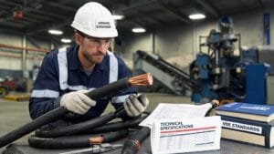 Mining engineer examining NTSCGEWOU trailing cable samples with VDE specification documents