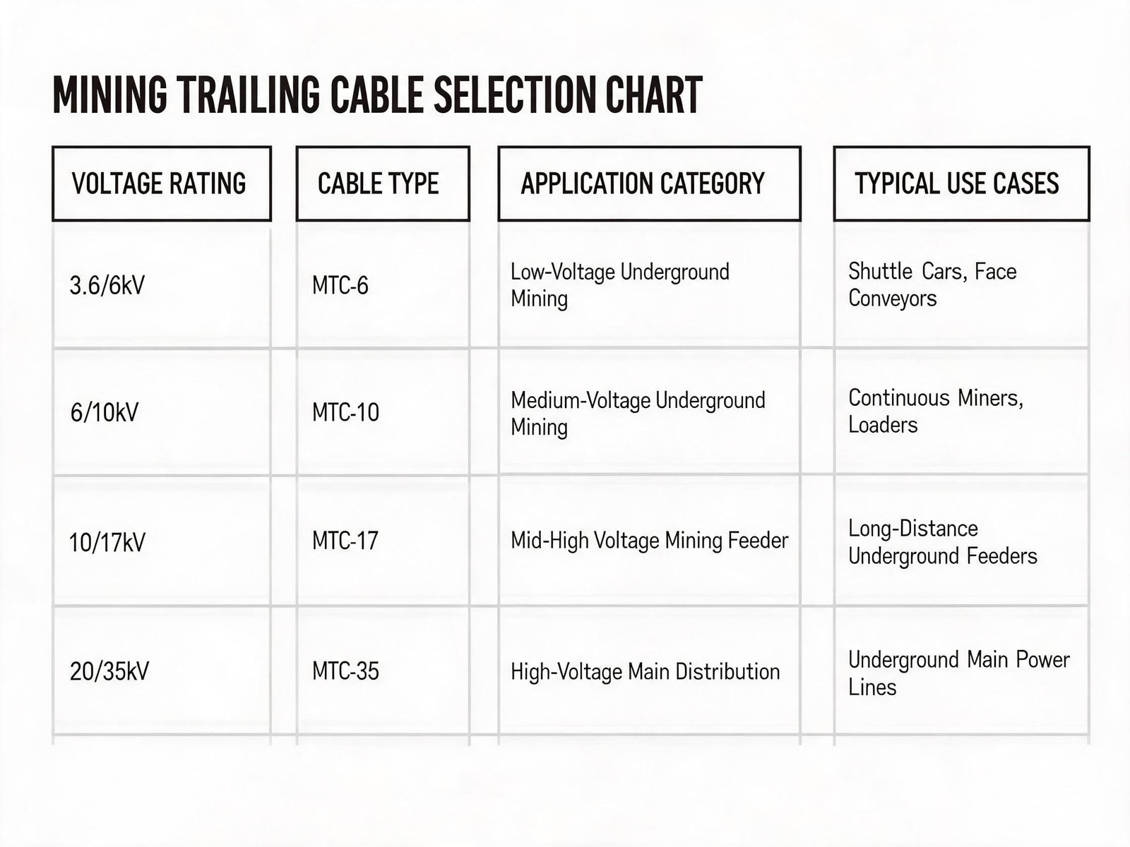 Engineering selection chart showing NTSCGEWOU mining trailing cable types organized by voltage rating and application