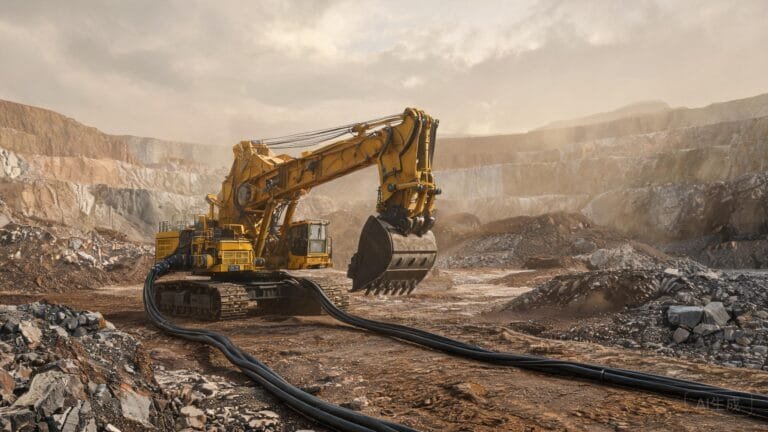 NTSCGEWOU flexible trailing cable connected to large mining excavator in open-pit mine