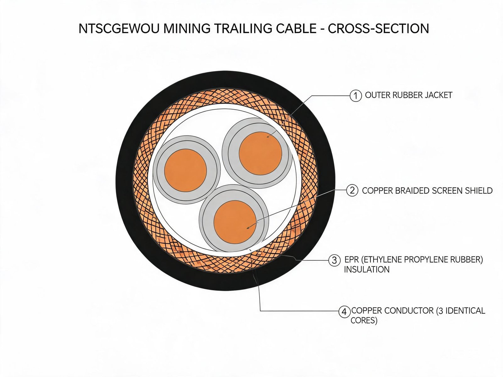 Technical cross-section diagram of NTSCGEWOU mining trailing cable showing three core copper conductors with EPR insulation copper screen and rubber outer jacket