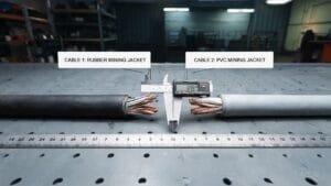 Two mining trailing cables compared side by side on industrial workbench