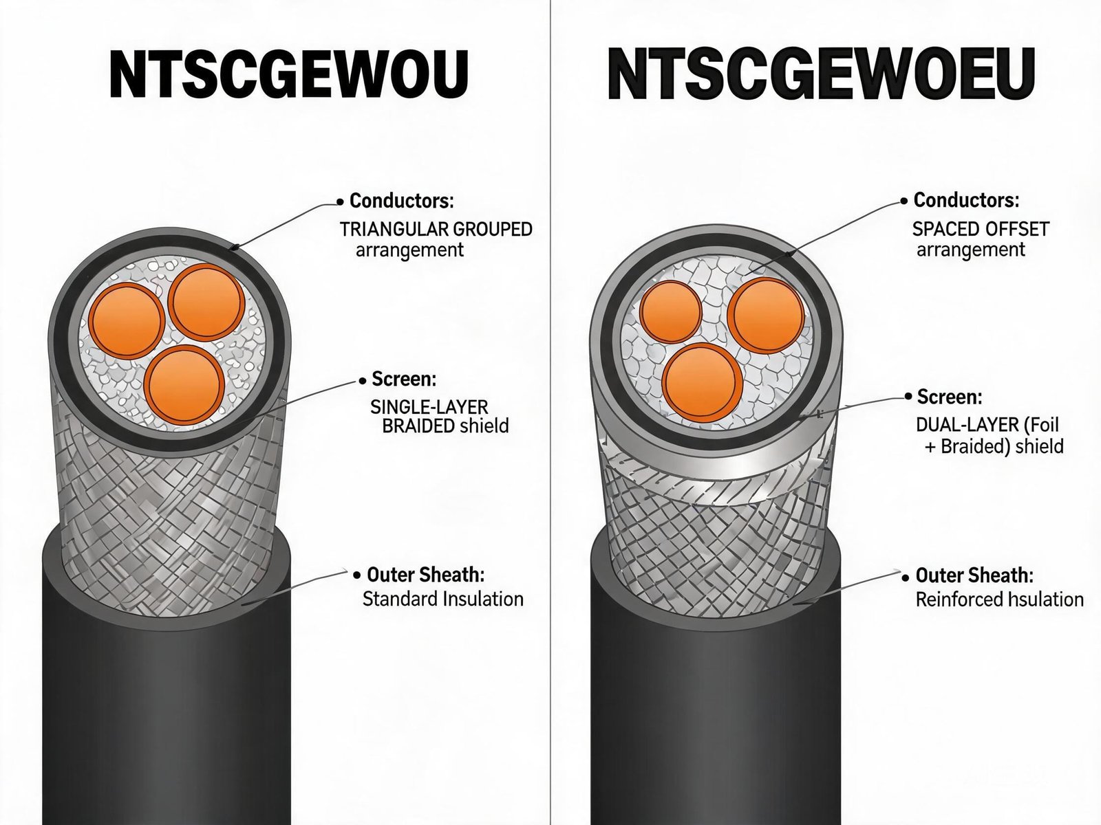 Side-by-side technical comparison diagram of NTSCGEWOU and NTSCGEWOEU mining cable cross-sections