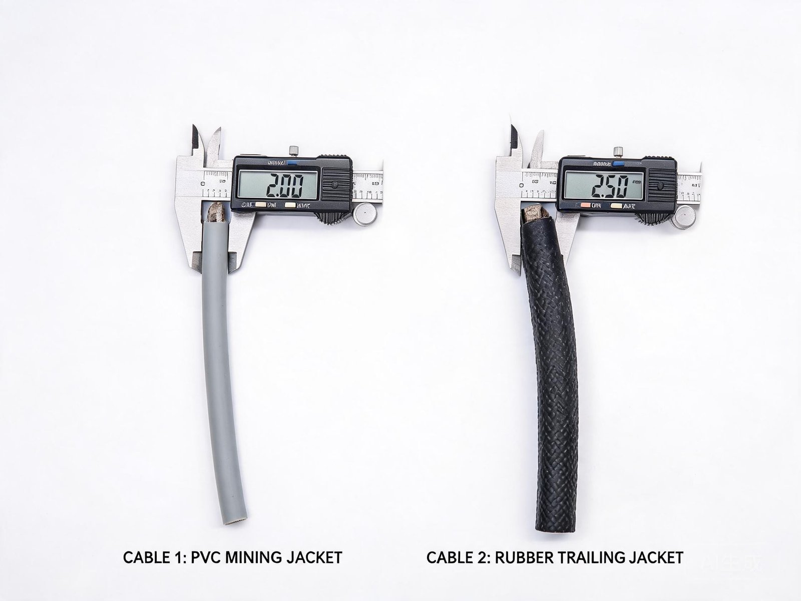 NTSCGEWOU and NTSCGEWOEU cables side by side with caliper measuring diameter difference