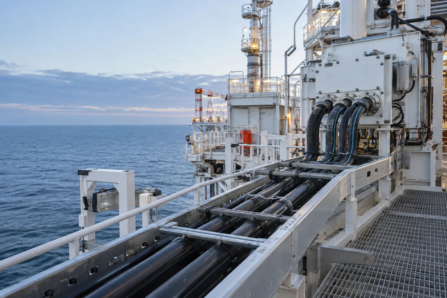 Armoured marine power cables routed on an offshore platform deck