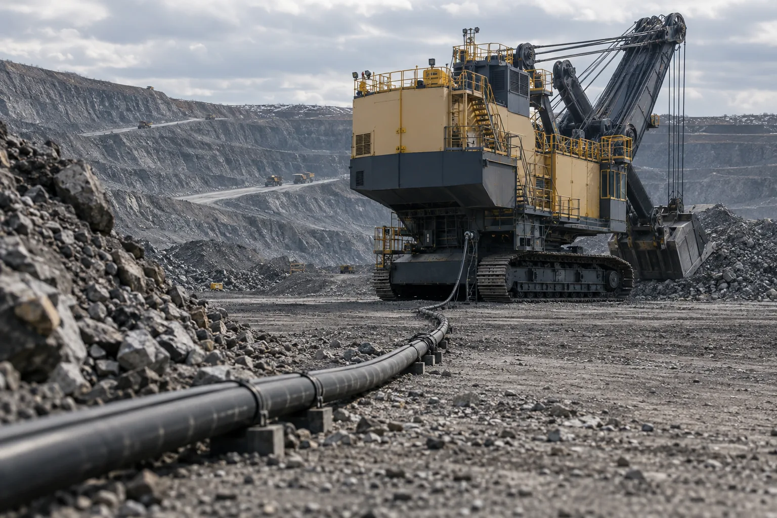 Medium-voltage trailing cable powering an excavator in an open-pit mine