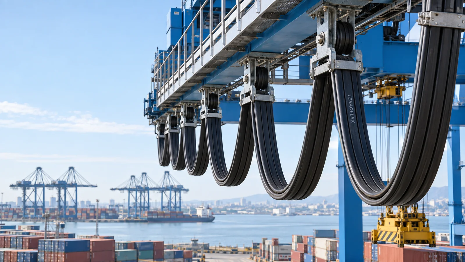 Flat festoon cable loops suspended from trolleys on a container crane
