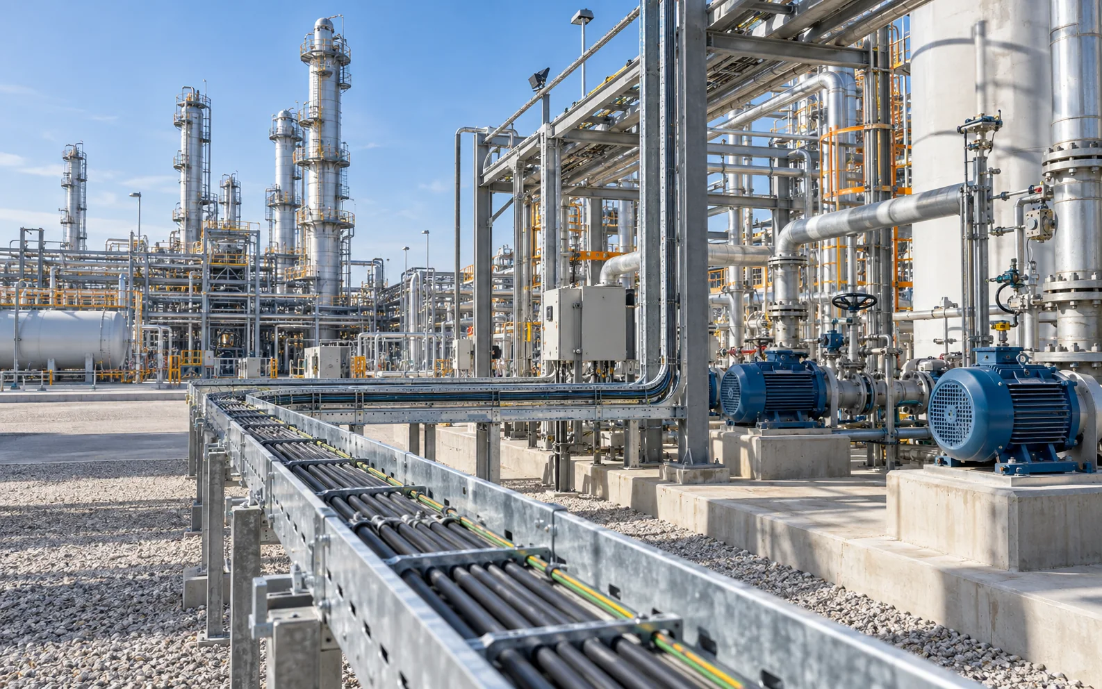 Power and instrumentation cables routed through a refinery and petrochemical process plant