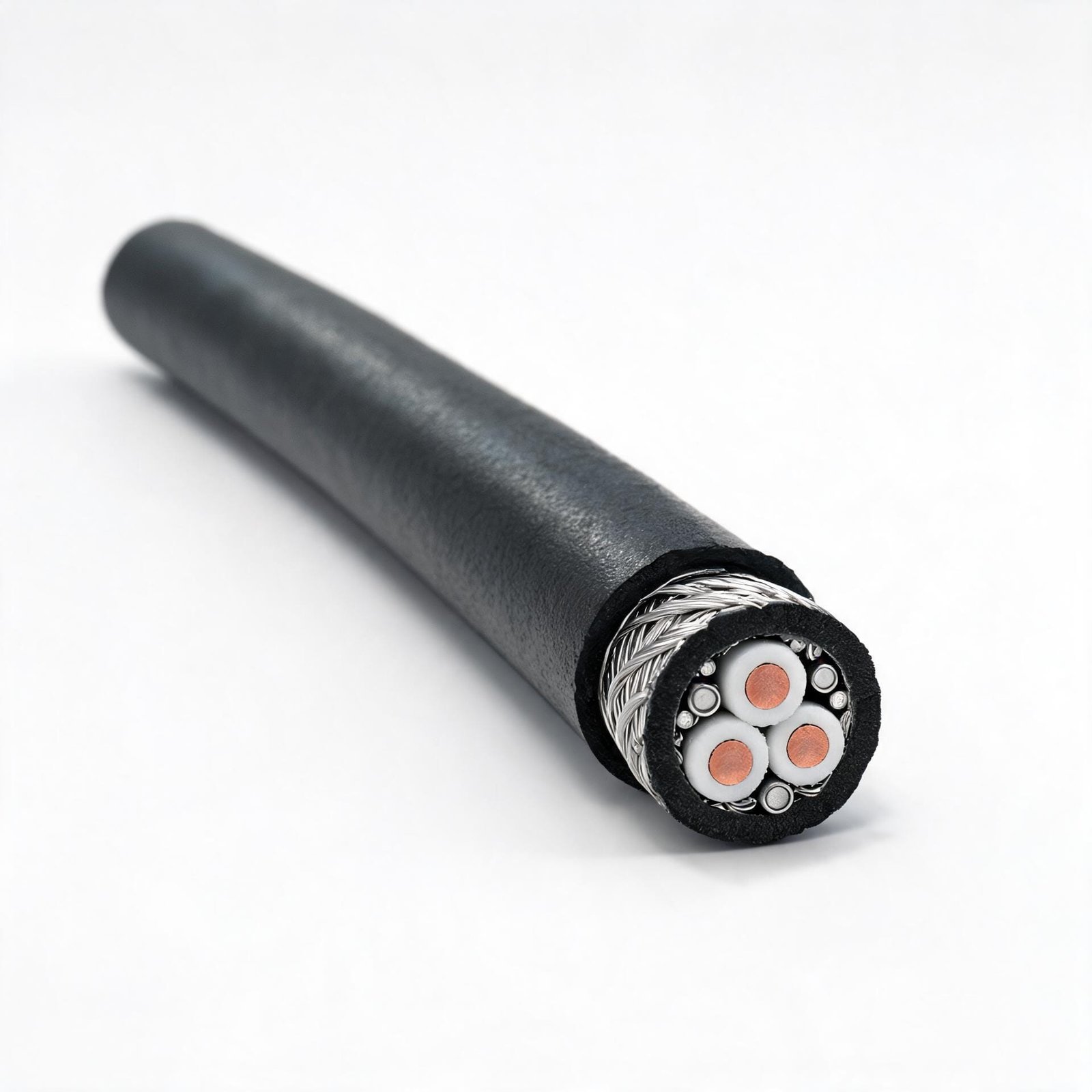 ROV subsea umbilical cable cross-section with power conductors, armour and fibre elements