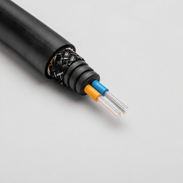Black Rubber Crane FO 2x12-125 fibre optic reeling cable with two fibre tubes and reinforced braid