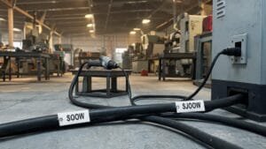 SOOW SJOW portable cord cables connected to power tools and industrial equipment on factory floor
