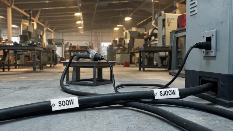 SOOW SJOW portable cord cables connected to power tools and industrial equipment on factory floor