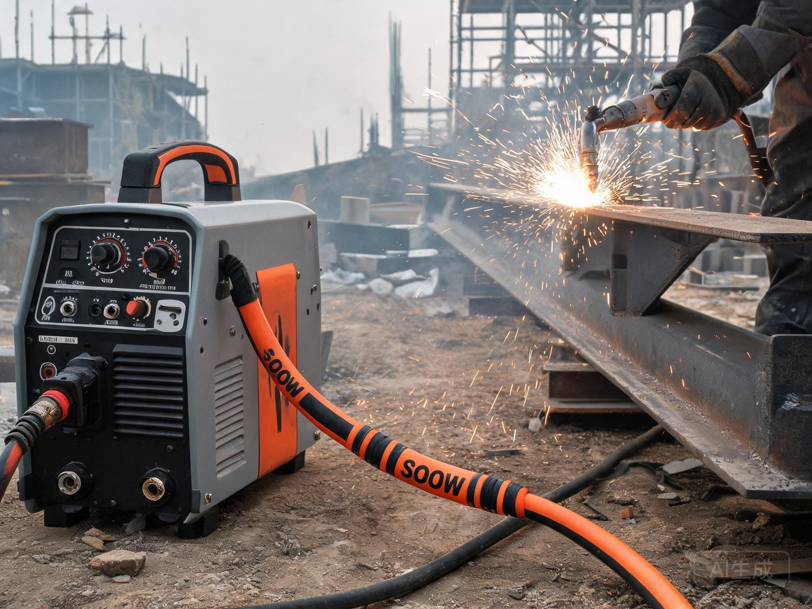 SOOW portable cord cable powering industrial welding machine on construction site
