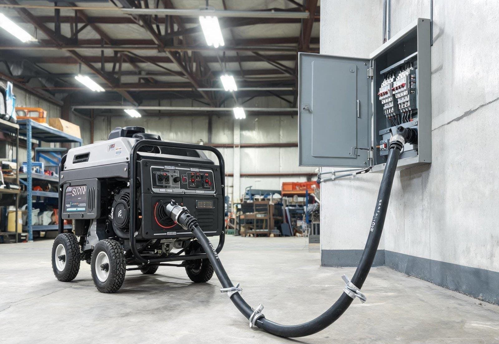 SOOW cable connected to portable generator and power distribution box in industrial workshop