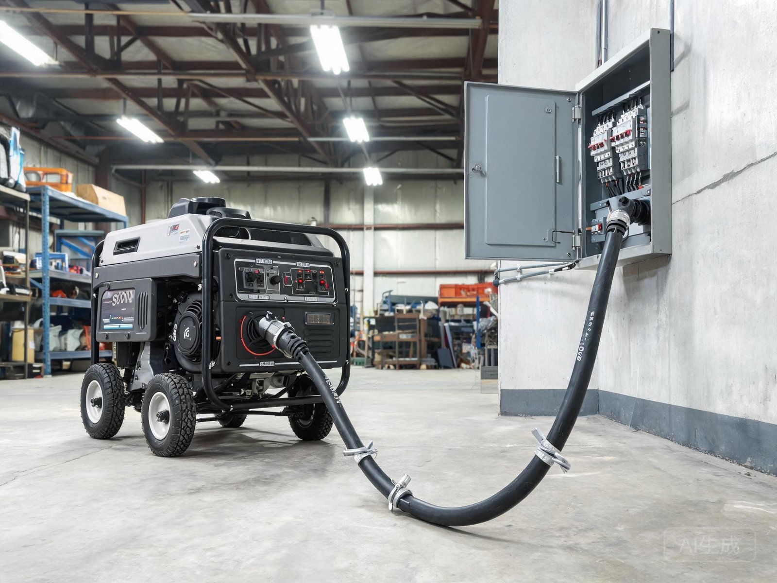 SOOW cable connected to portable generator and power distribution box in industrial workshop
